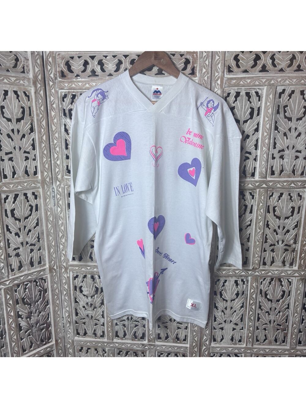 Vintage 80's Miller Tag Mom Oversized Football Practice Shirt Pink Purple Hearts